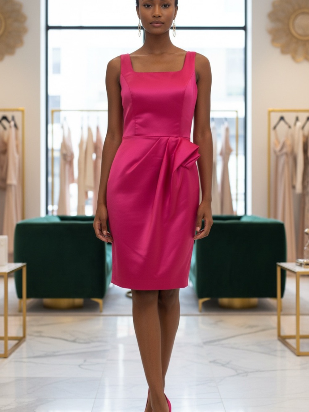 Fuchsia Satin Sheath Dress with Draped Detail
